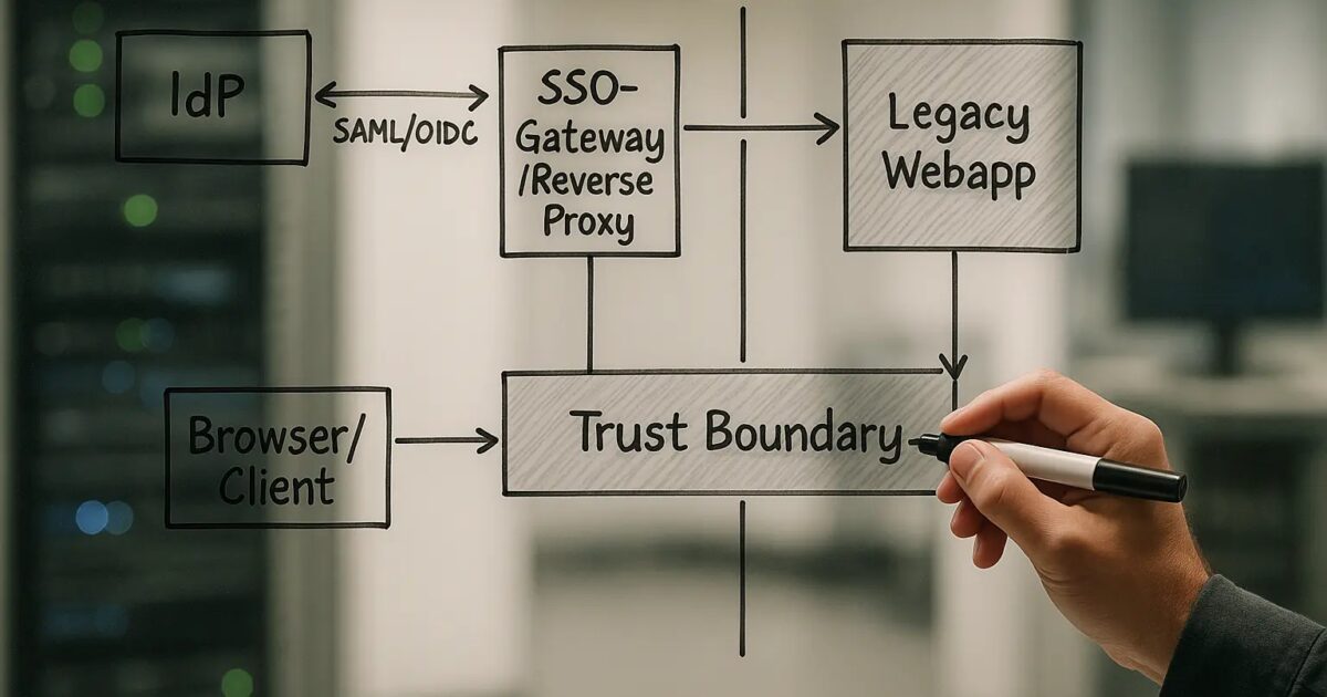Architekturdiagramm: SSO-Gateway (Reverse Proxy) validiert OIDC/SAML und übergibt Identität per kontrolliertem...