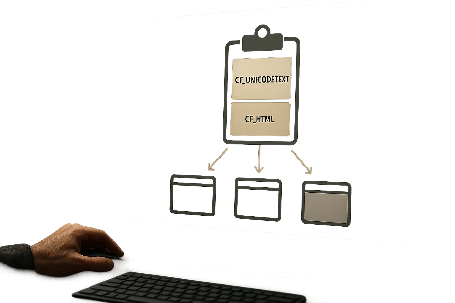 Schematische Darstellung einer Zwischenablage mit Unicode-Text und HTML als parallele Formate und mehreren Empfängern.