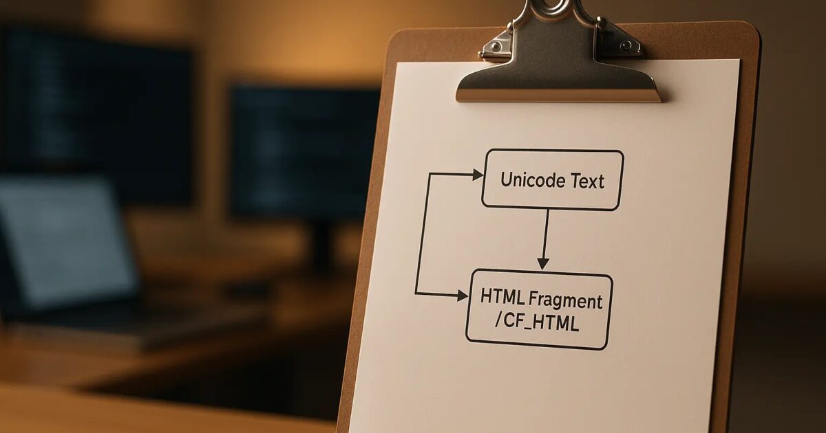 Schreibtischszene mit Architekturdiagramm zu Unicode- und HTML-Clipboard-Datenpfaden in einer VCL-Anwendung Open Graph / SEO