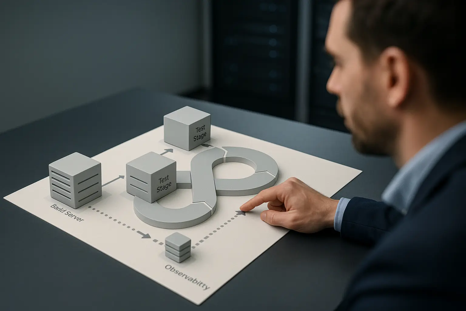 Grafische Darstellung eines Delivery-Flows mit Build-, Test- und Deploy-Stufen sowie Observability-Datenstrom