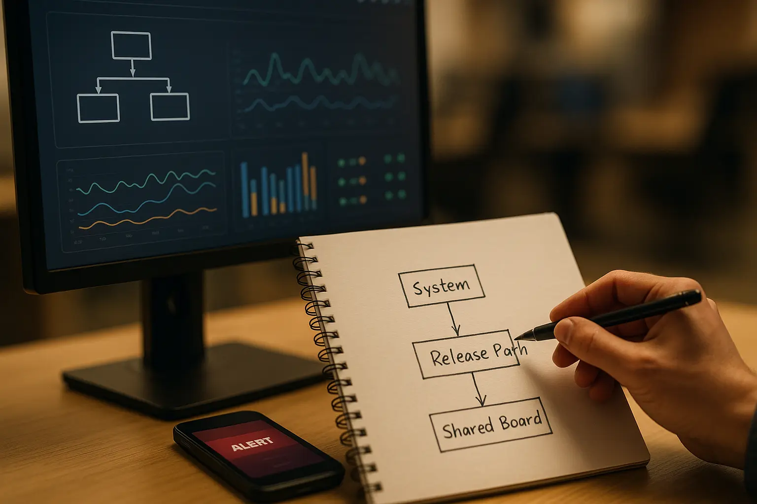 Monitoring- und Logging-Signale auf einem unscharfen Dashboard zur schnellen Incident-Einordnung