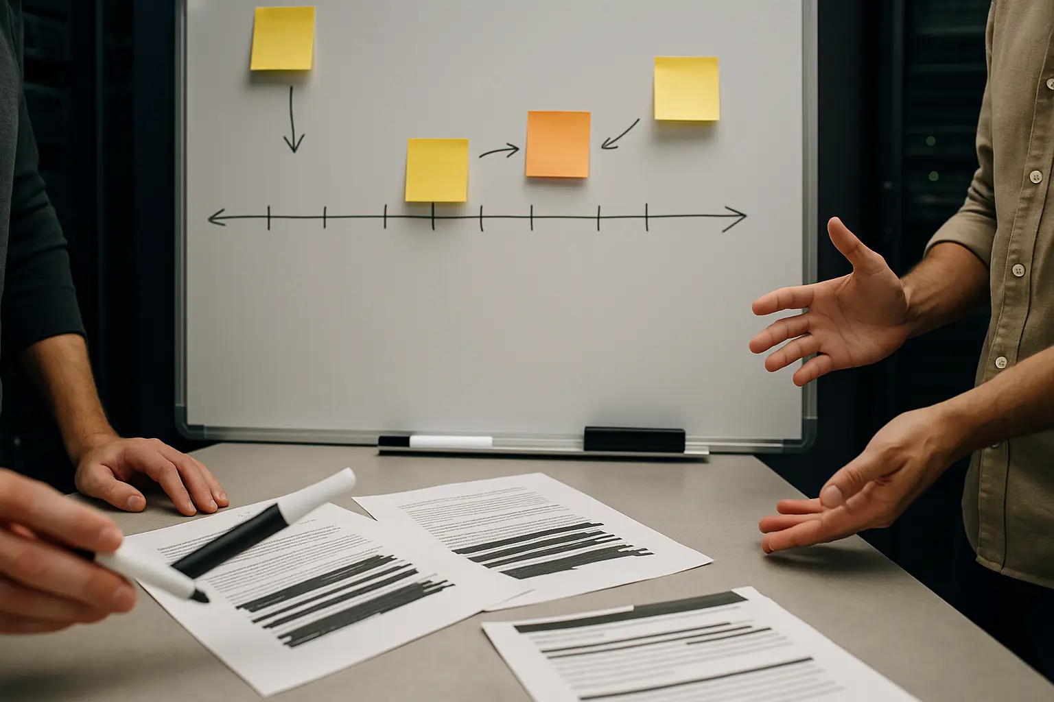Whiteboard mit Timeline und Haftnotizen für ein Postmortem nach einem Incident
