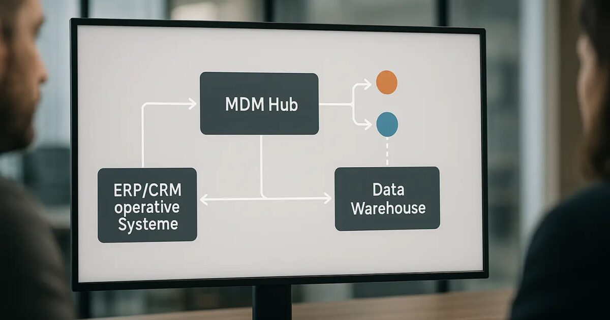 Architekturdiagramm mit Datenflüssen zwischen MDM-Hub, operativen Systemen und Data Warehouse zur Trennung von...