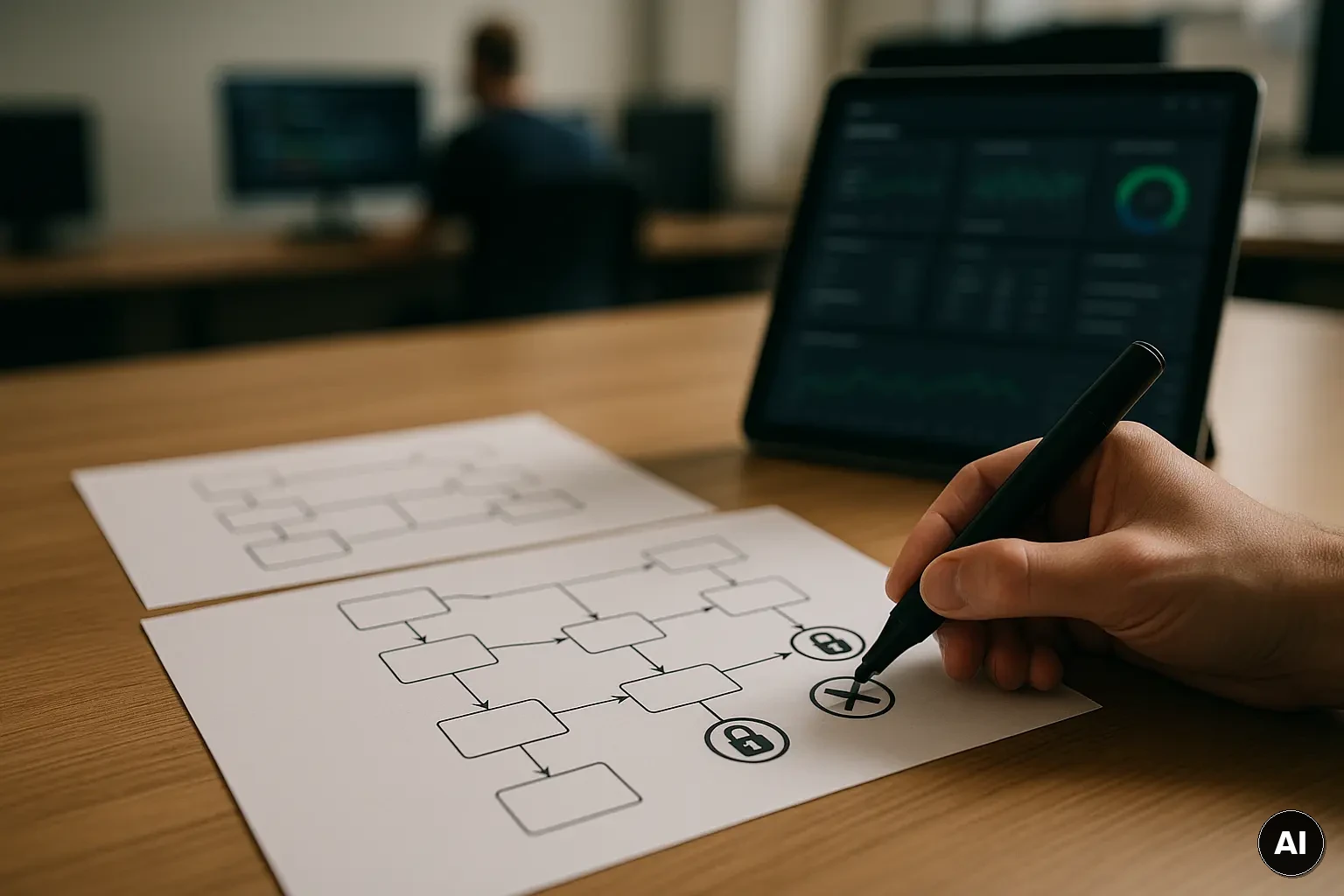 Ausgedruckte Diagramme zu Lock-Reihenfolgen werden auf einem Schreibtisch markiert, als Vorbereitung zur Deadlock-Analyse