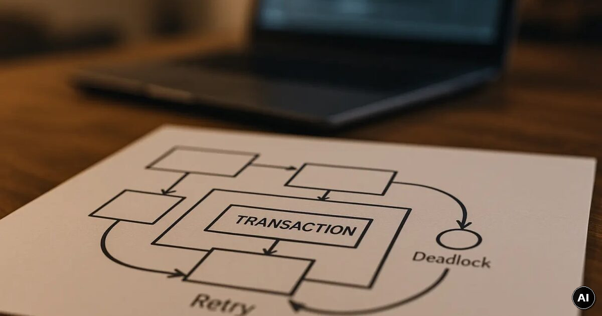 Architekturdiagramm einer FireDAC-Transaktion mit Retry-Schleife auf einem Schreibtisch in technischer Arbeitsumgebung...
