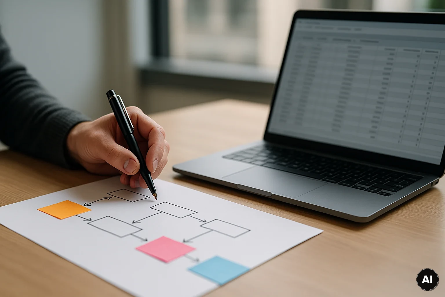 Admin-Arbeitsplatz mit Architektur-Skizze und markierten Abhängigkeiten für ein Service-Account-Inventar