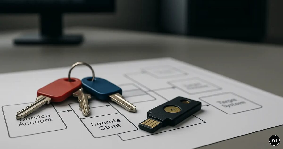 Architekturdiagramm mit Service-Account- und Secret-Flüssen auf einem IT-Schreibtisch Open Graph / SEO