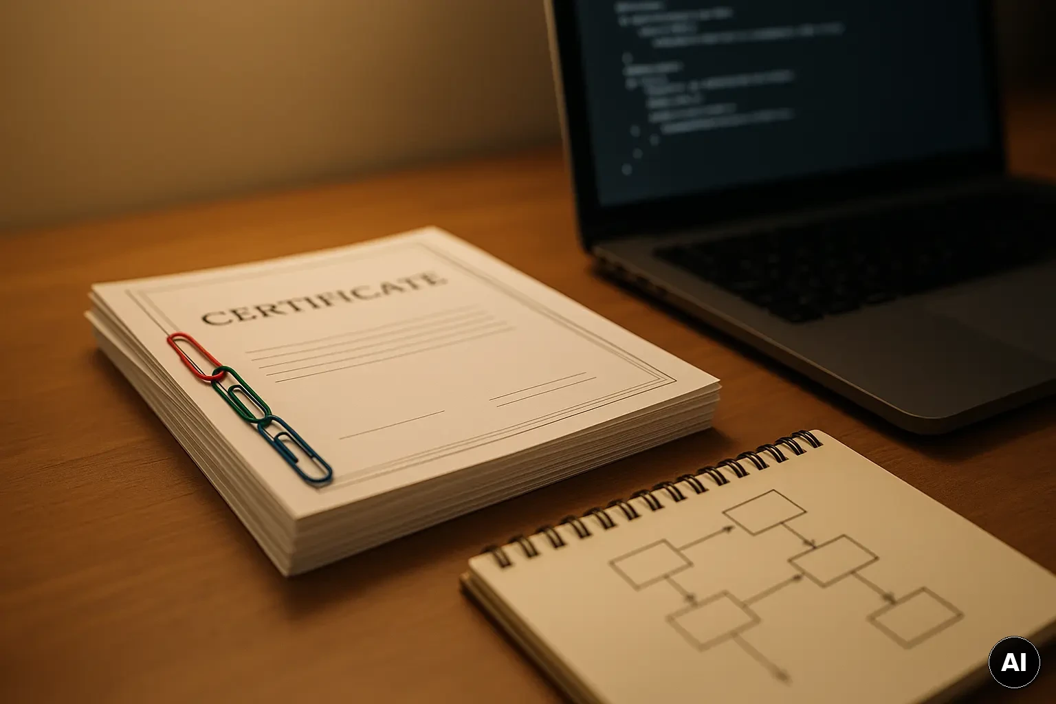 Detailfoto einer dargestellten Zertifikatskette aus mehreren Blättern neben einem Laptop als Symbol für TLS-Chain-Debugging.