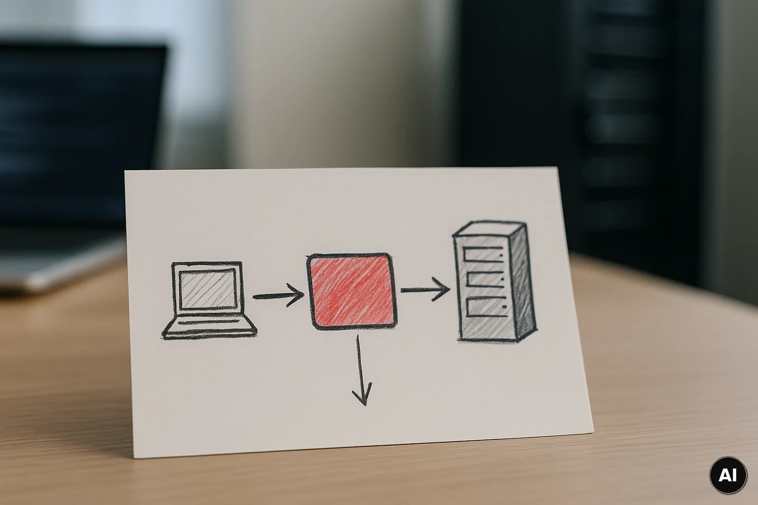 Fotorealistisches Motiv eines skizzierten Netzwerkpfads mit Proxy zwischen Client und Server als Hinweis auf...