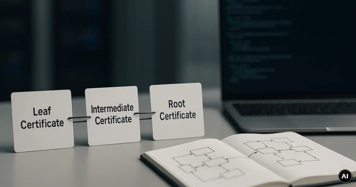 Fotorealistisches Motiv einer TLS-Zertifikatskette als Diagramm neben einem Laptop zur Indy-HTTPS-Fehleranalyse mit...