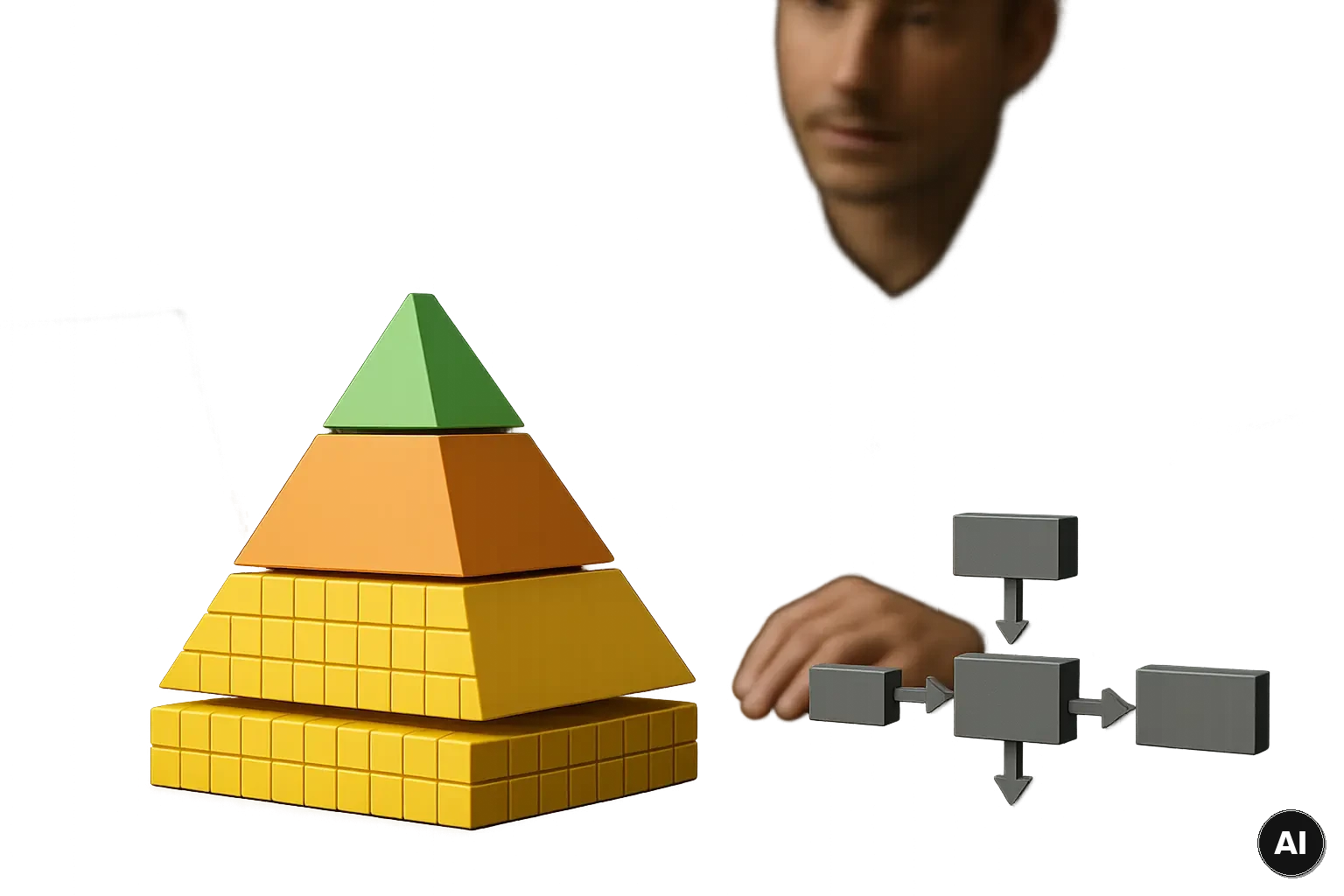 Grafische Darstellung einer Testpyramide neben einer abstrakten CI-Pipeline, ohne Text