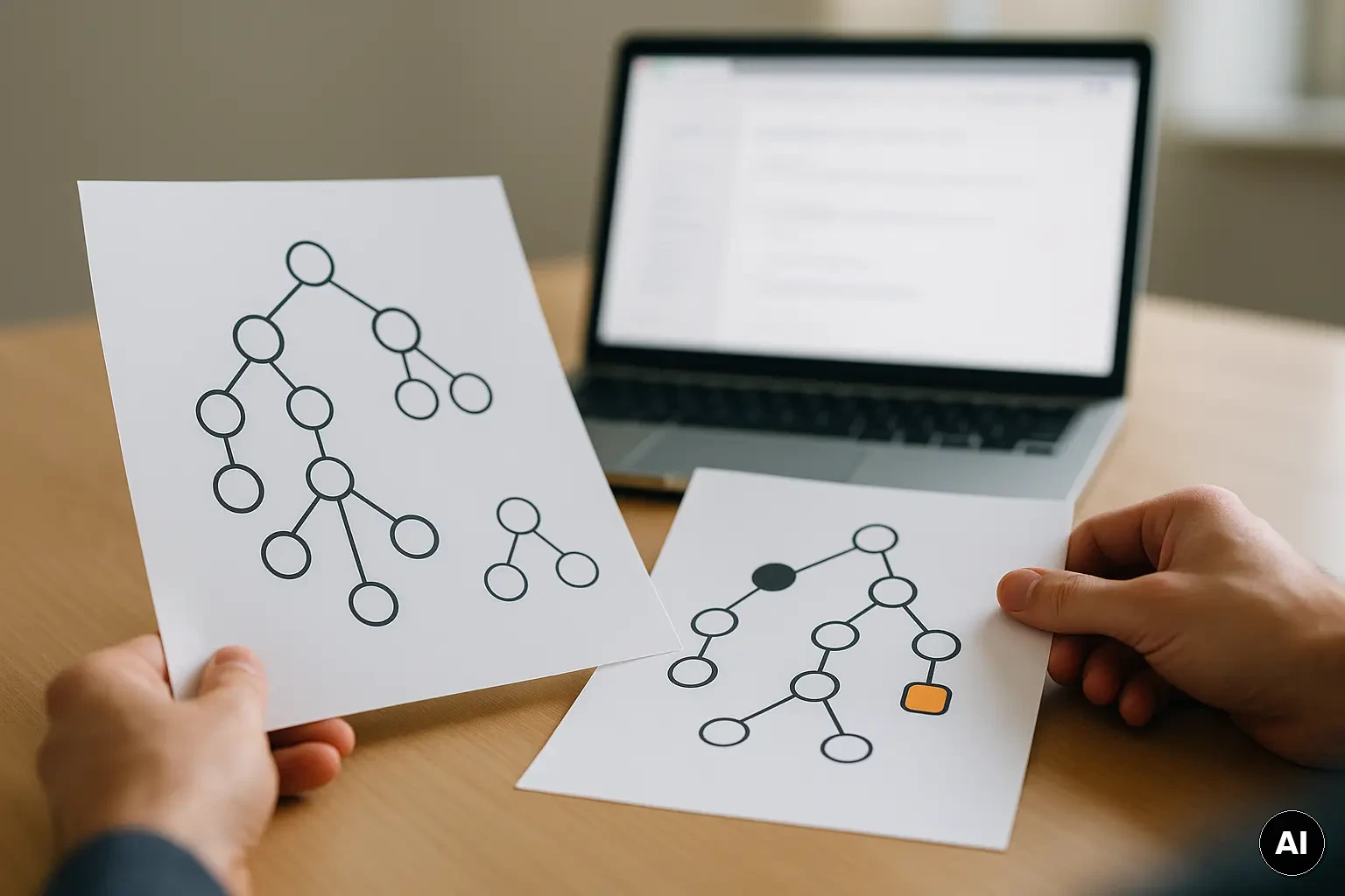 Arbeitsplatzszene mit markiertem DOM-Diagramm als Hinweis auf robuste UI-Selektoren