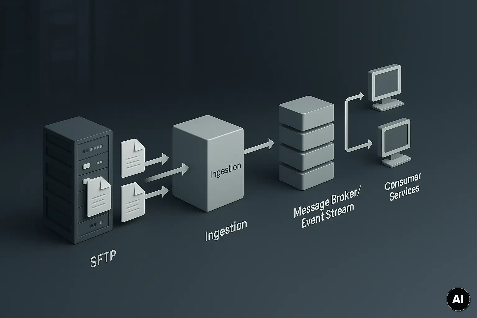 Grafische Darstellung: SFTP-Eingang wird in Events überführt und von mehreren Services verarbeitet, mit zentralem Journal...