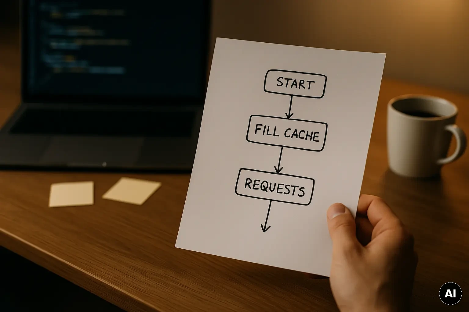 Arbeitsplatzszene mit einem textfreien Diagramm zum Cache-Pre-Warming und parallelen Requests.