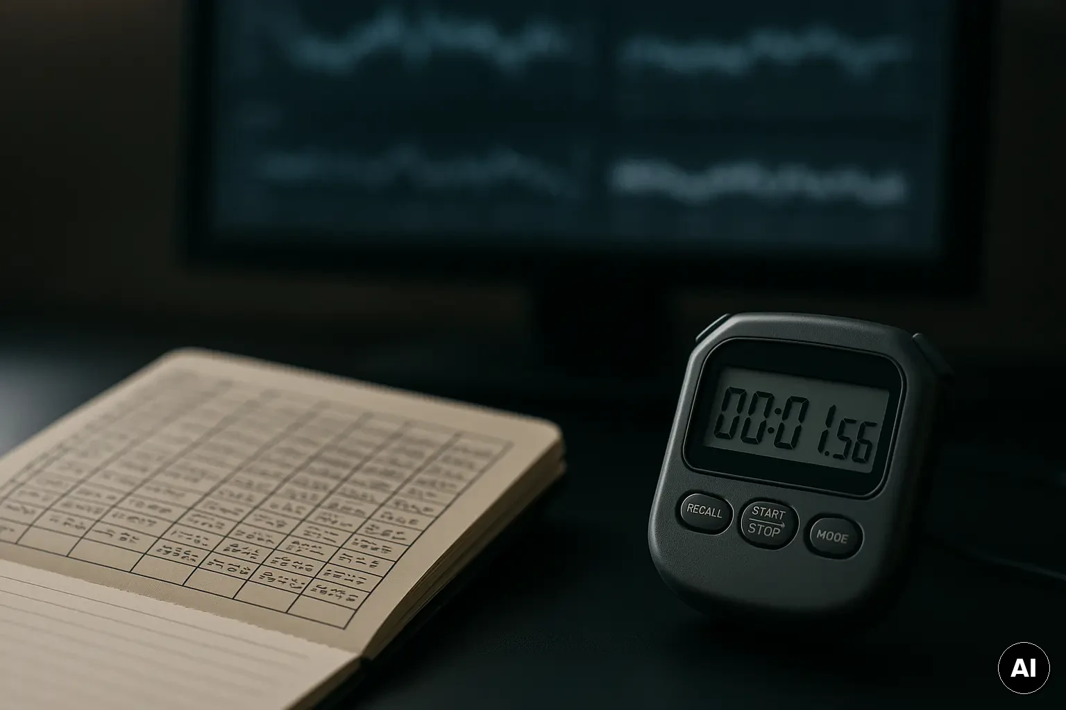 Mess- und Diagnose-Setup mit Notizblock und unscharfen Zeitreihen zur Analyse von Thread-Last und Cache-Zugriffen.