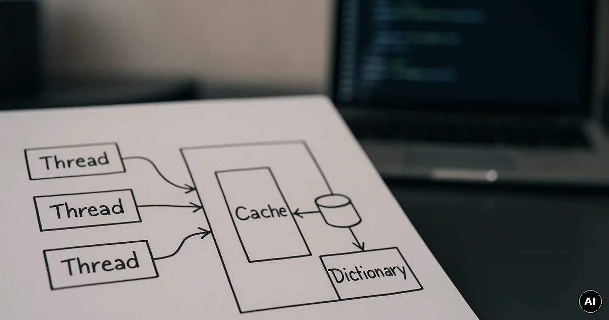 Fotorealistische Szene mit textfreiem Blockdiagramm zu Cache, Monitor-Lock und parallelen Threads in Delphi-Kontext. Open...