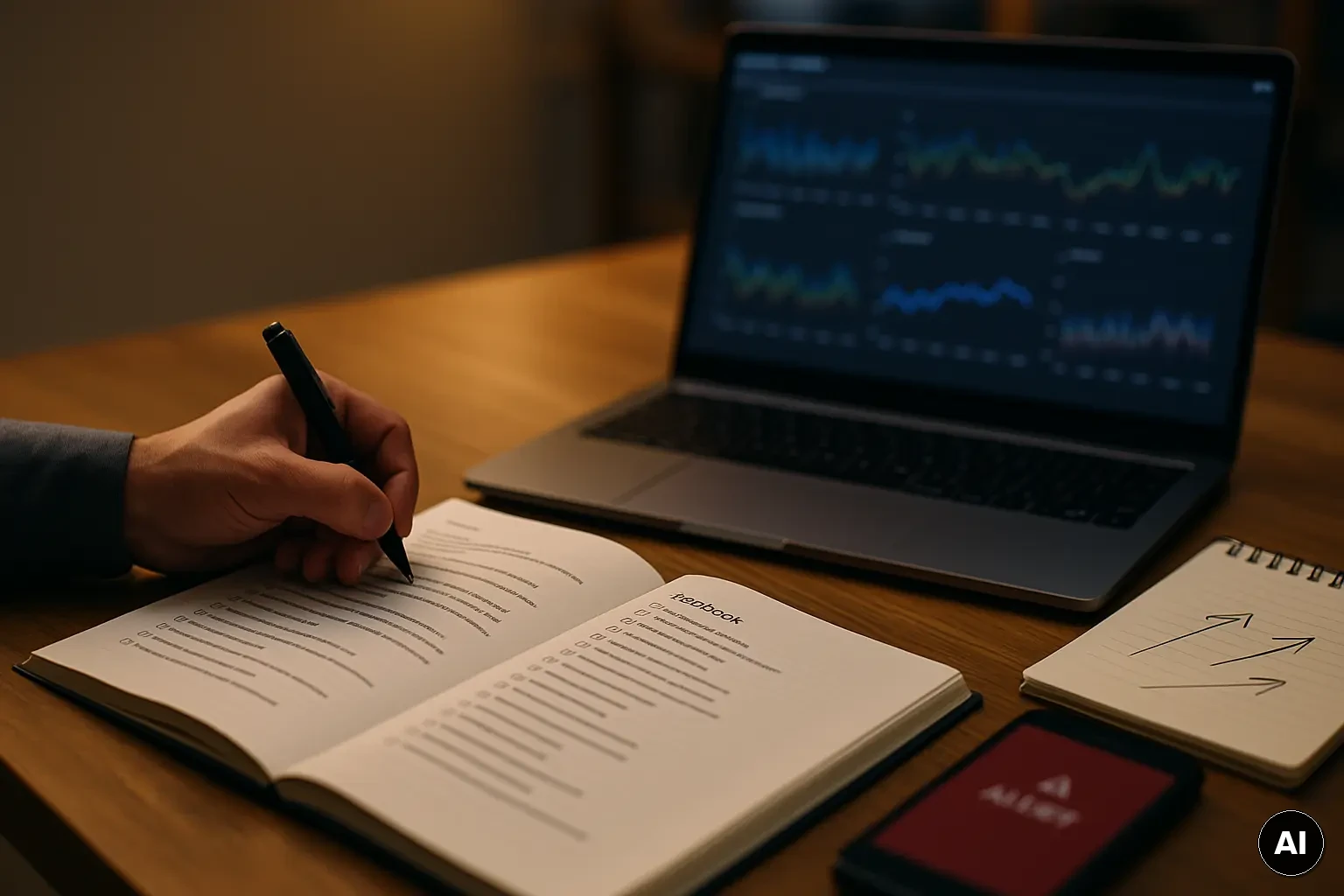 Runbook-Unterlagen neben Laptop mit unscharfen Monitoring-Ansichten in einer Betriebssituation