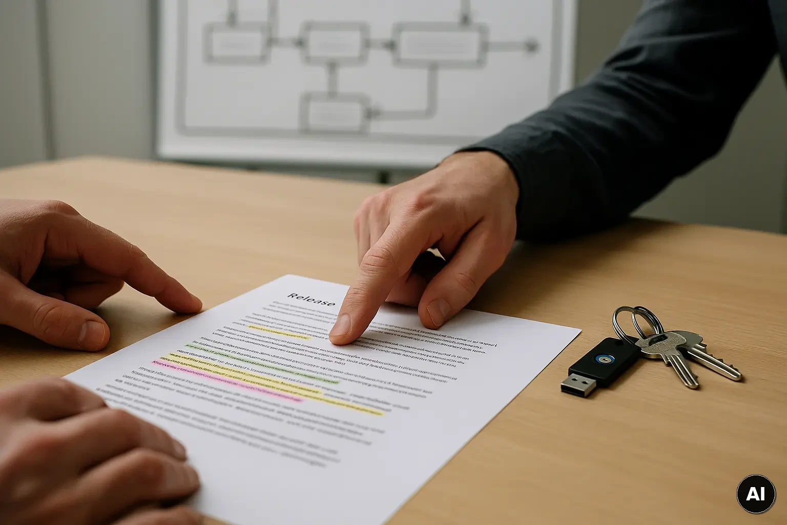 Release-Unterlagen auf einem Tisch vor unscharfem Architektur-Whiteboard als Symbol für Übergabe und Rollback-Planung
