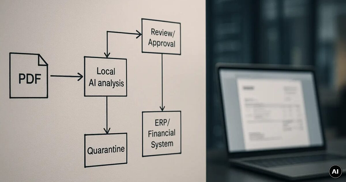 On-Premises Datenfluss zur lokalen KI-Analyse von PDF-Rechnungen ohne Cloud, mit Queue und ERP-Übergabe Open Graph / SEO