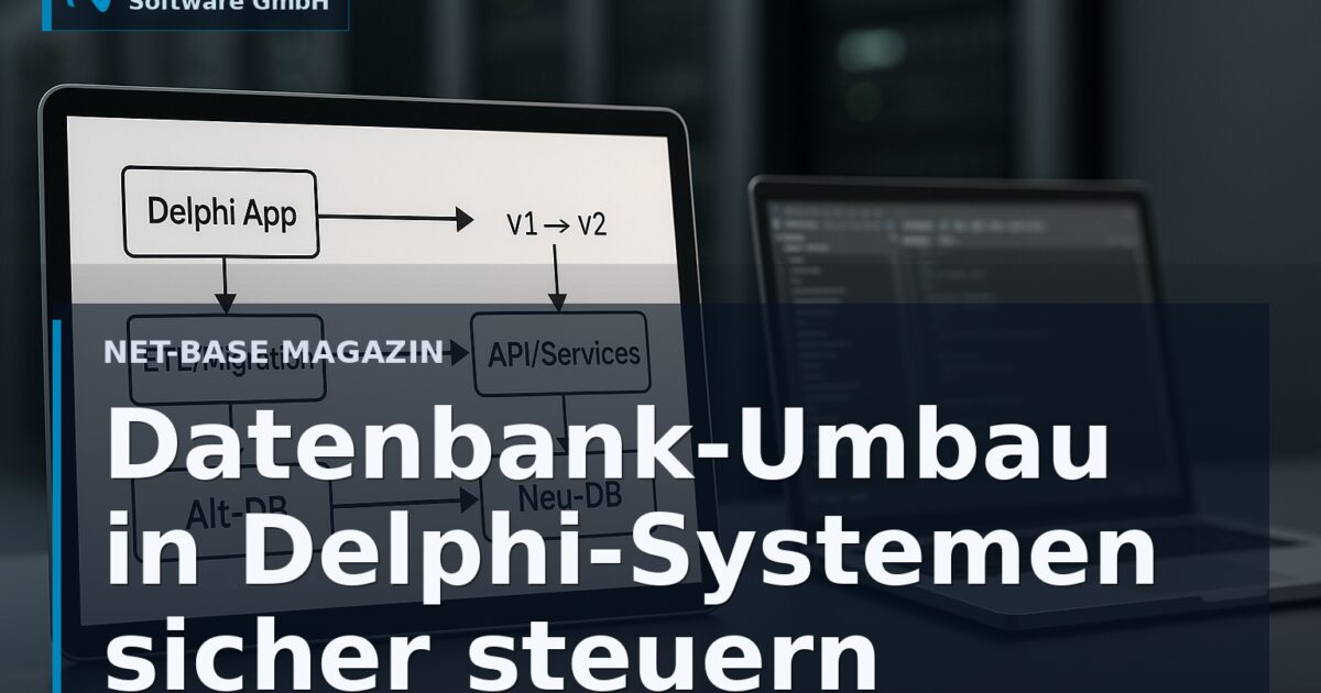 Diagramm eines Datenbank-Migrationspfads für eine gewachsene Delphi-Anwendung mit Datenflüssen zwischen Alt- und... Open...