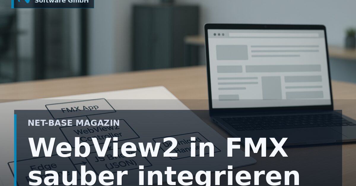 Architekturdiagramm zur Integration von WebView2 in eine Delphi-FMX-Anwendung mit JS-Bridge und Download-Handling Open...