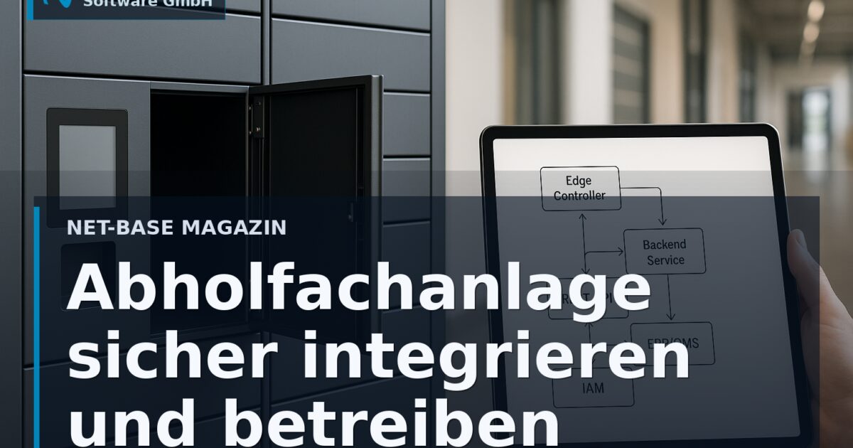 Abholfachanlage mit geöffnetem Fach und schematischem Architekturdiagramm für Edge-Backend-Integration Open Graph / SEO