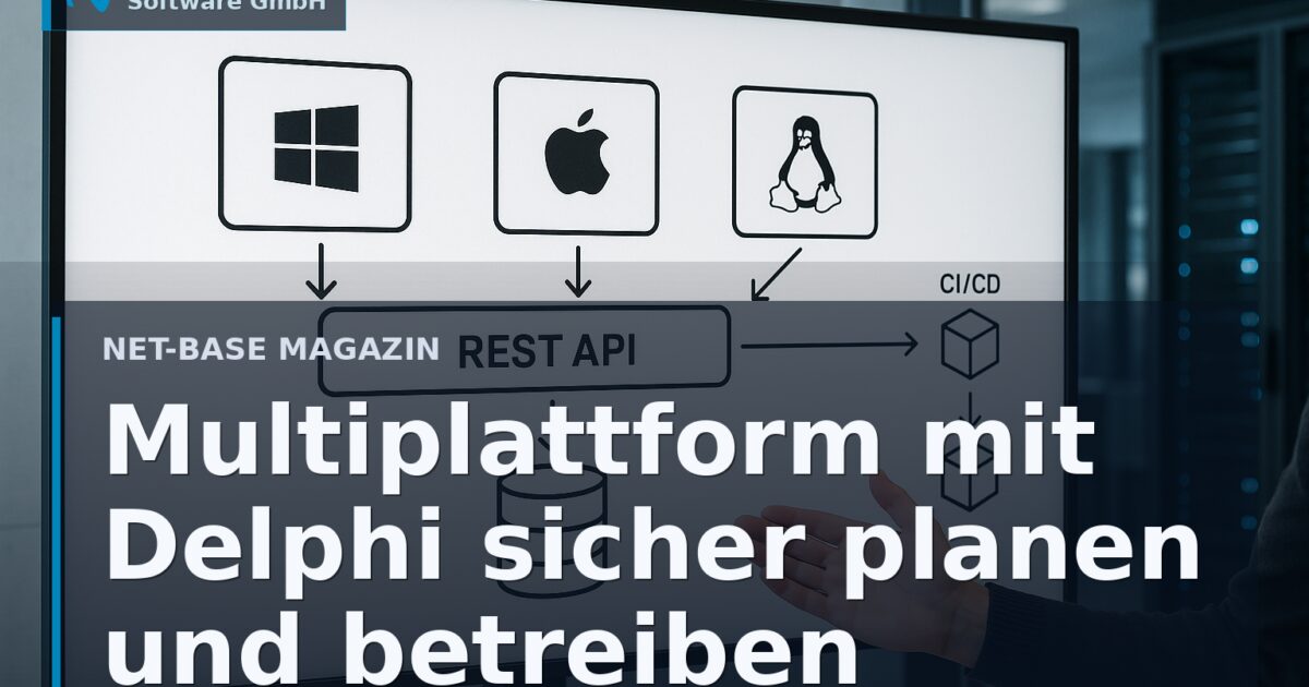 Architekturdiagramm für eine Delphi Multiplattform-Lösung mit Windows-, macOS- und Linux-Clients, REST-API und zentraler...