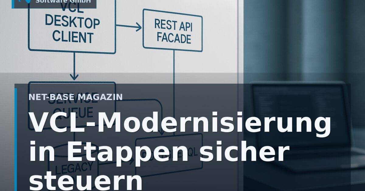 Architekturdiagramm mit VCL-Client, REST-API und Datenbank-Migrationspfad als Symbol für schrittweise Modernisierung. Open...