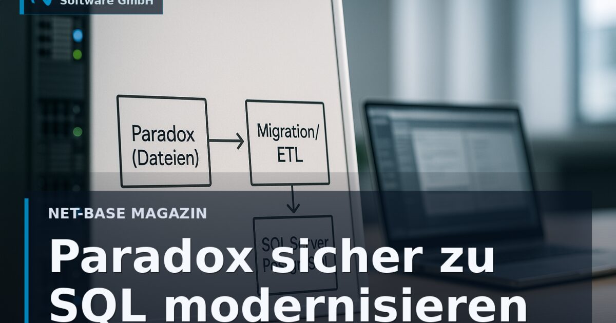 Diagramm zeigt Migration von Paradox-Dateidatenbank zu SQL-Serverdatenbank mit Datenfluss und Validierungsschritten. Open...