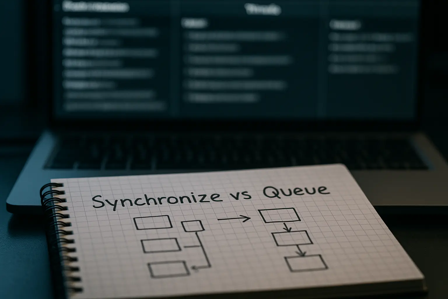 Uklart debuggerblik med noter om tråde og Queue som kontekst for Queue vs Synchronize