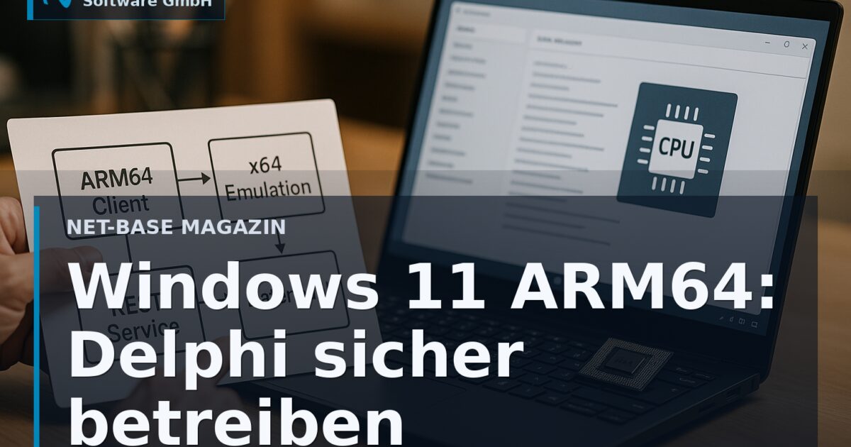 Architekturdiagramm zur Migration einer Delphi-Anwendung auf Windows 11 ARM64 mit Emulation, Services und...