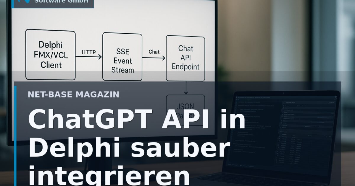 Architekturdiagramm zur Delphi FMX/VCL-Anbindung an eine Chat-API mit HTTP-Client, SSE-Stream und JSON-Parsing Open Graph...