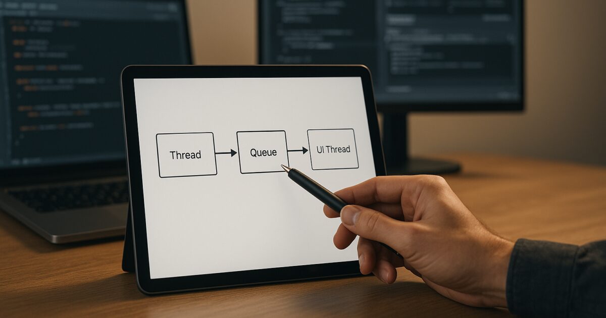 Architekturdiagramm mit Threadpool, Queue und UI-Thread als Hauptmotiv zur Erklärung threadsicherer Progress-Updates in...