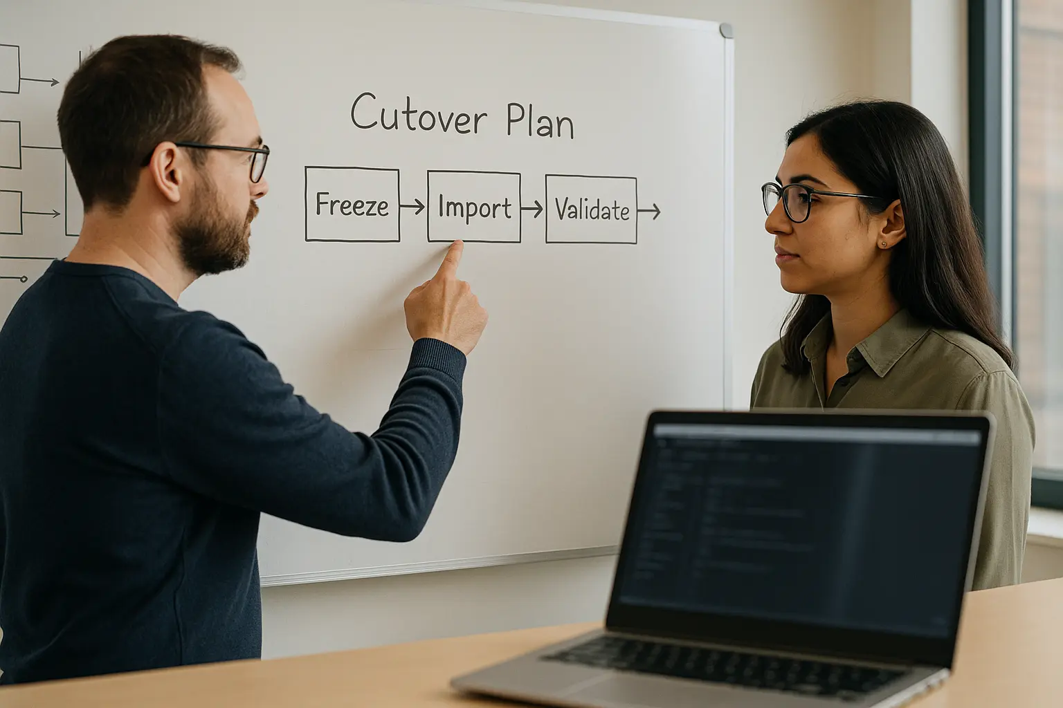 IT-Team plant Cutover und Parallelbetrieb an einem Whiteboard mit Ablaufkette