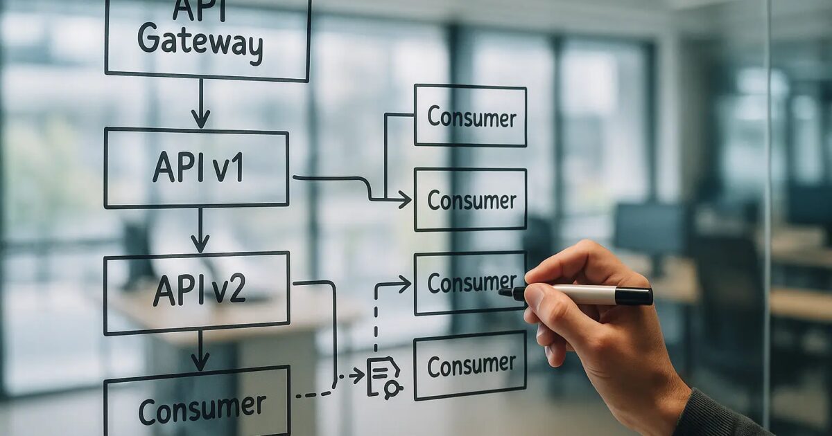Architekturdiagramm mit API-Gateway, parallel betriebenen API-Versionen und schematischem Contract-Testing-Fluss Open...
