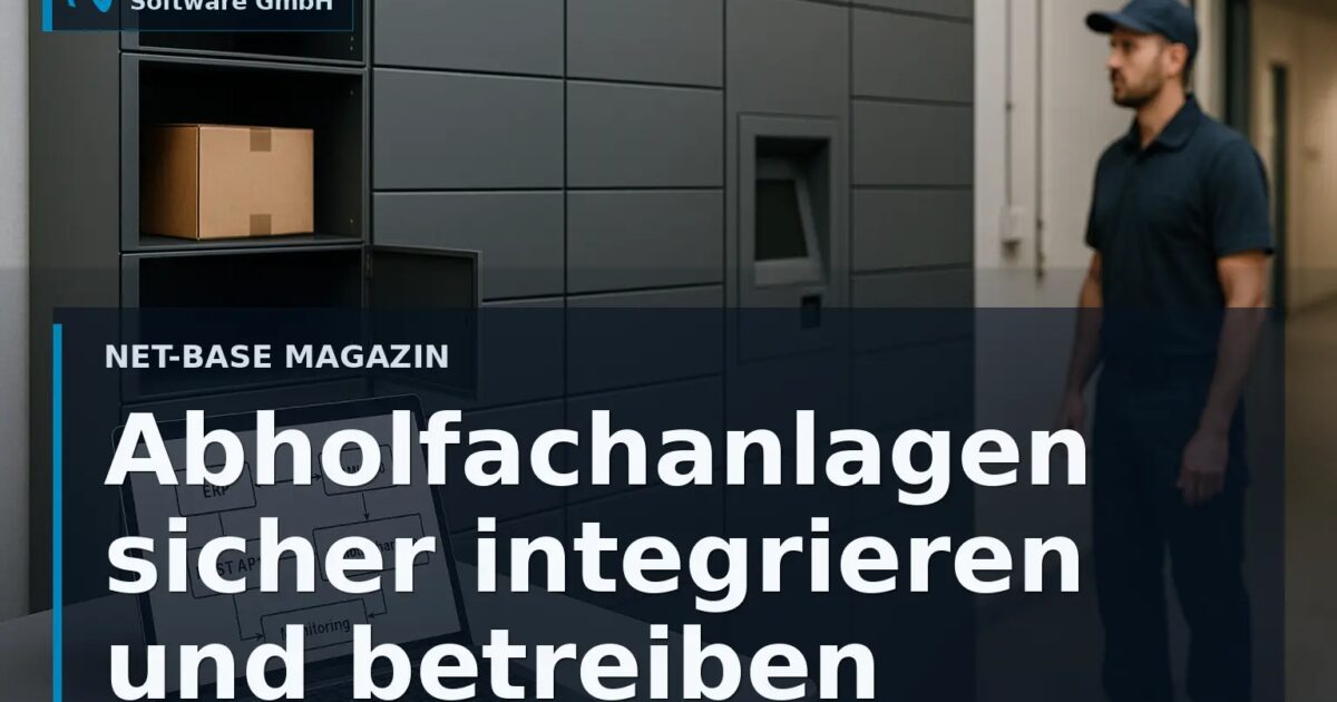 Abholfachanlage mit geöffneten Fächern und sichtbarem Architekturdiagramm zur Software-Integration Open Graph / SEO