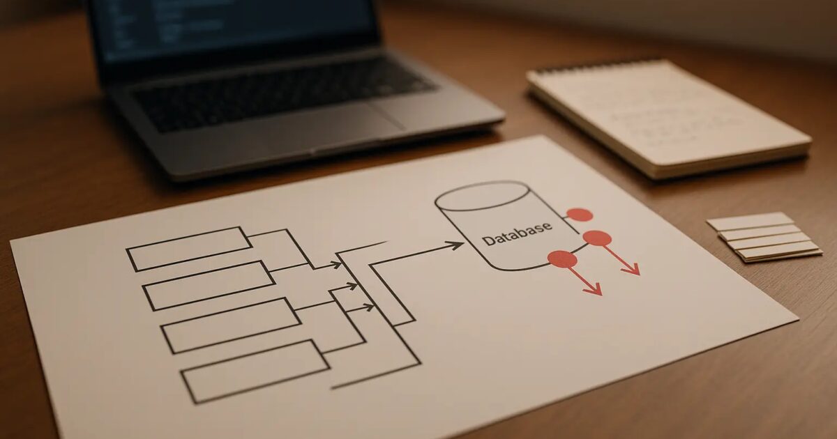 Architekturdiagramm auf dem Schreibtisch zeigt Batch-Datenfluss in eine Datenbank mit markierten Fehlerabzweigungen Open...