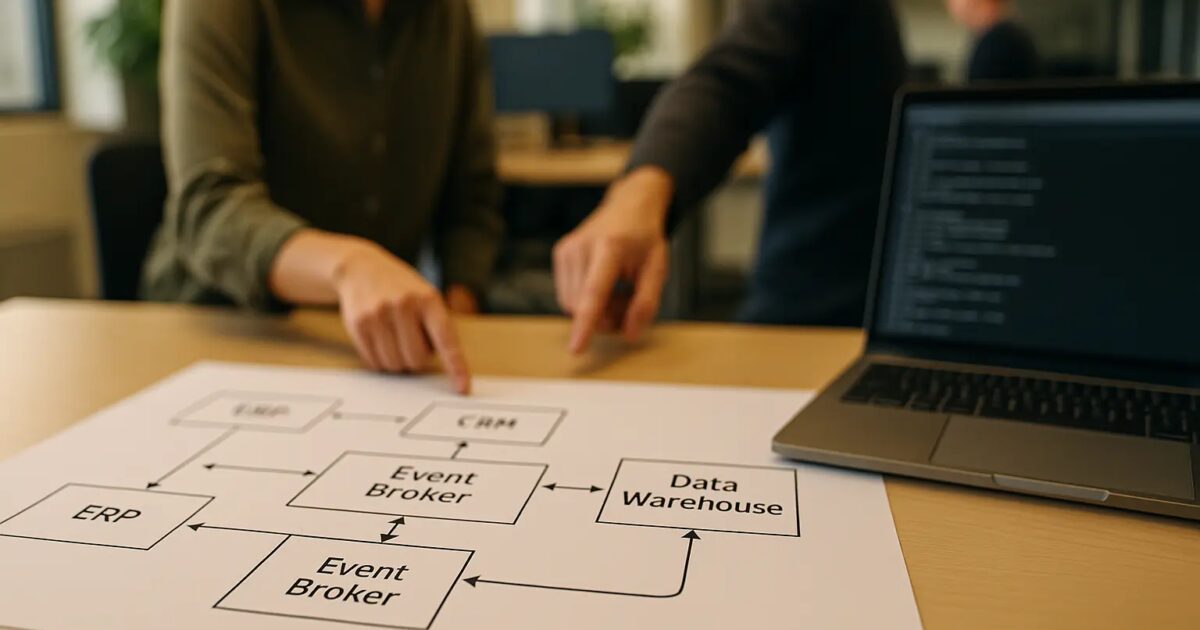 Architekturdiagramm zur Datenintegration zwischen ERP, CRM, Lager und Event-Broker auf einem Arbeitstisch Open Graph / SEO