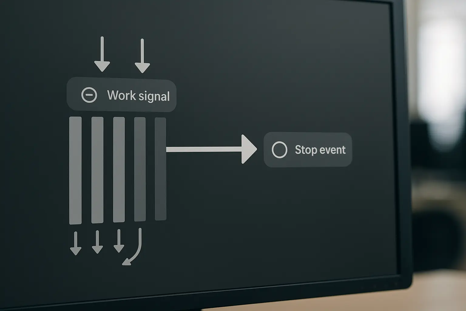 Abstrakte Grafik: Worker-Threads warten auf Work oder Stop-Event und beenden geordnet