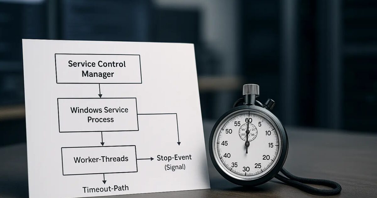 Architekturdiagramm eines Windows-Service mit Stop-Event und Timeout-Pfad für kontrolliertes Beenden Open Graph / SEO