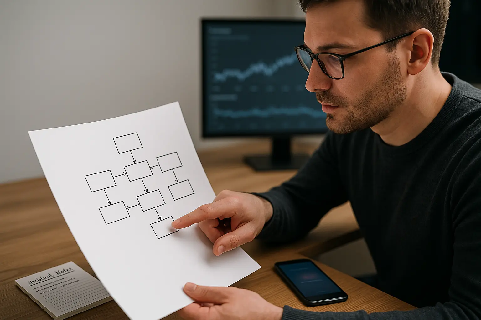 Projektverantwortlicher arbeitet an Service-Flow und SLO-Definition anhand eines Prozessdiagramms