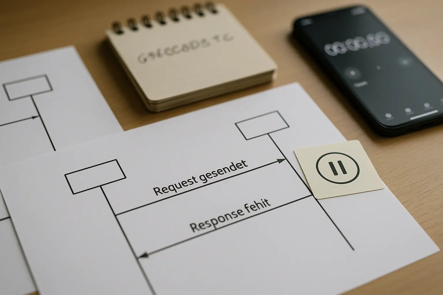 Papierdiagramme und Notizen, die einen unklaren POST-Status nach Timeout visualisieren