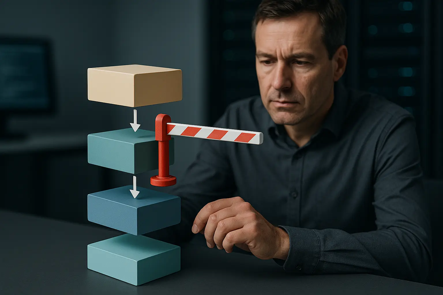 Grafik einer mehrstufigen Datenpipeline mit Qualitätsgates an mehreren Stationen