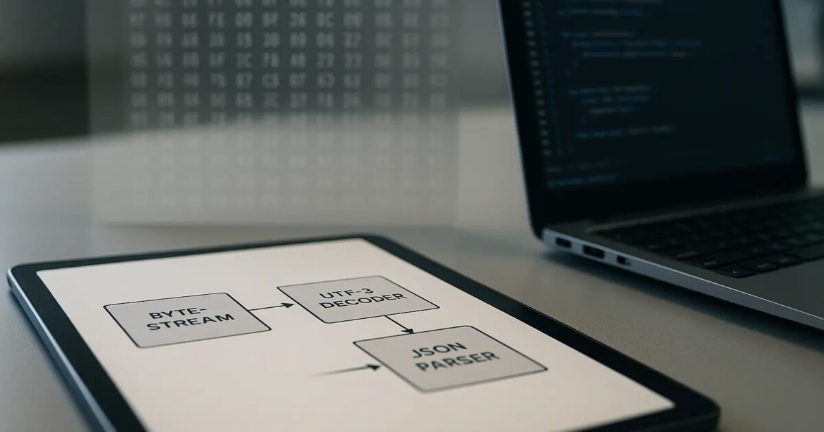 Arbeitsplatzszene mit Diagramm für Byte-Stream zu UTF-8-Decoding und JSON-Parsing in Delphi, ergänzt durch abstrakte...