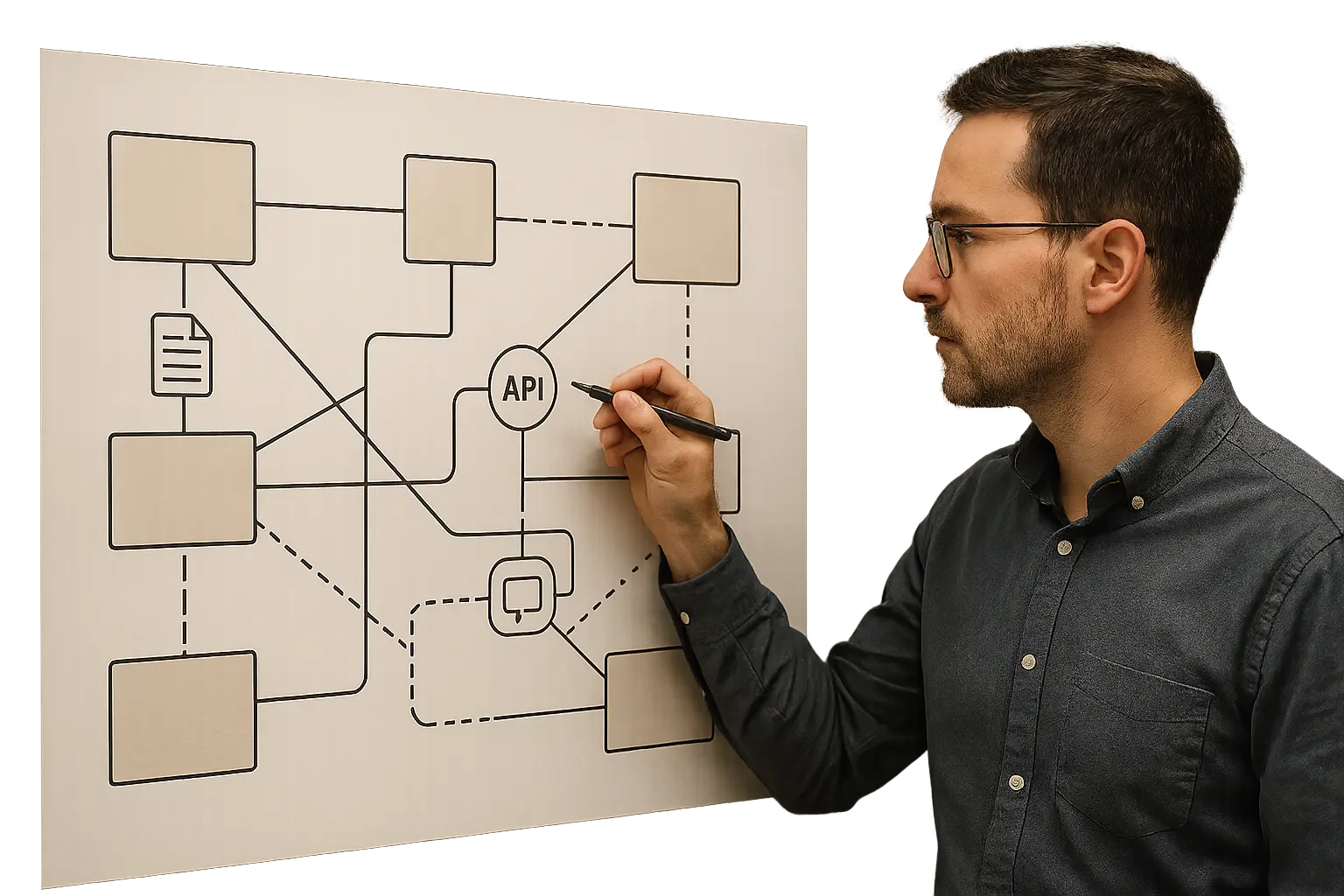 Abstrakte Grafik einer Systemlandschaft mit verschiedenen Integrationswegen als Grundlage für ein Schnittstelleninventar