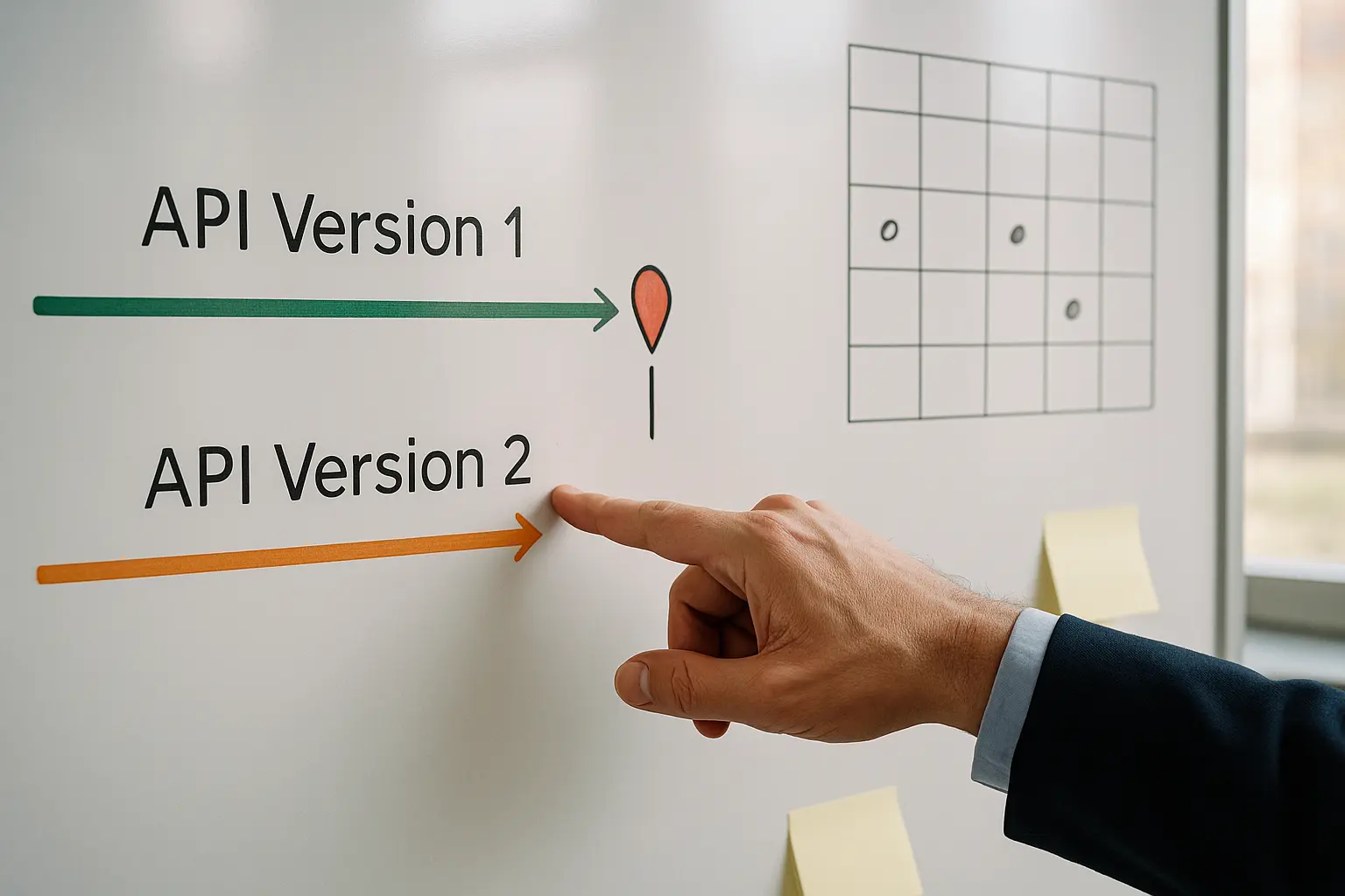 Planung einer API-Versionierung mit Deprecation- und Sunset-Zeitpunkten auf einem Whiteboard ohne lesbaren Text