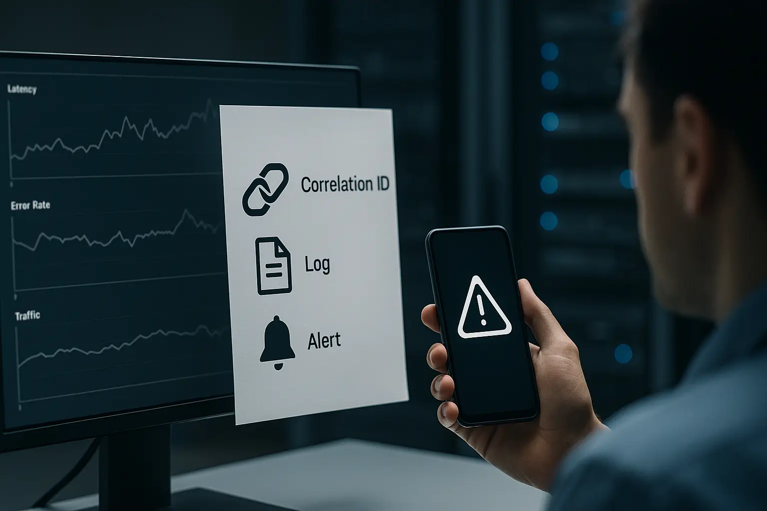 Operations-Setup mit Monitoring-Diagrammen und Symbolen für Logging, Alerts und Korrelation als Teil von API-Observability