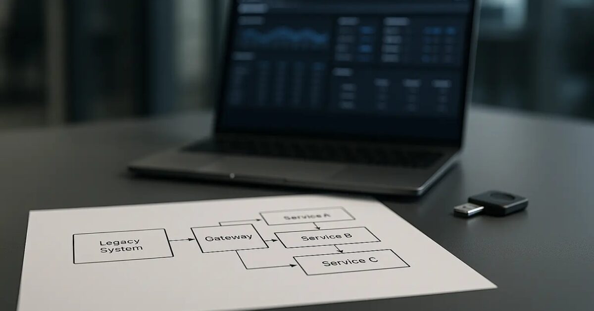 Architekturdiagramm mit Datenfluss zwischen Legacy-System und neuer Komponente über ein Gateway im Parallelbetrieb Open...