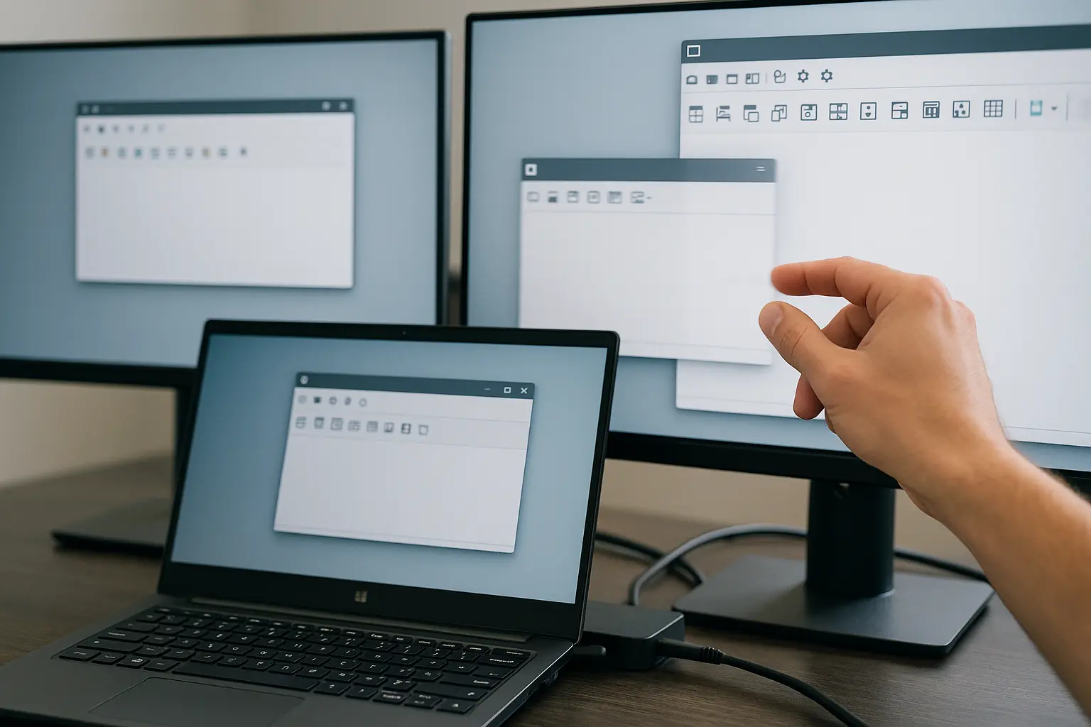Notebook mit zwei Monitoren unterschiedlicher DPI, Fensterwechsel zeigt unterschiedliche Icon-Grf6dfen in einer Desktop-App