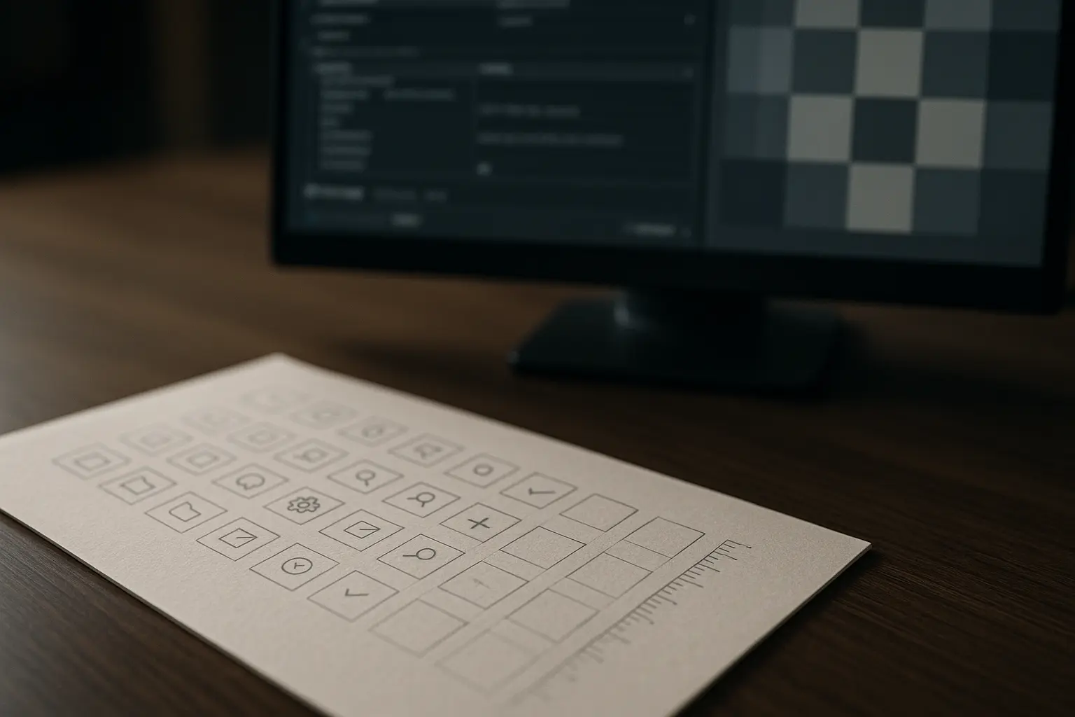 Arbeitsplatz mit Debug-Notizen für Icon-Skalierung und Hintergrundtests zur Alpha-Kante